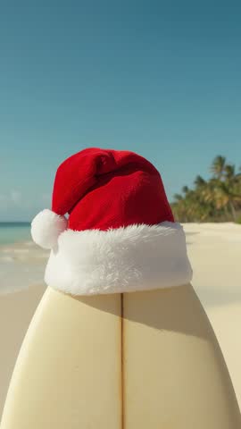 Vertical video of surfboard wearing Santa hat on tropical beach with swaying palm trees
