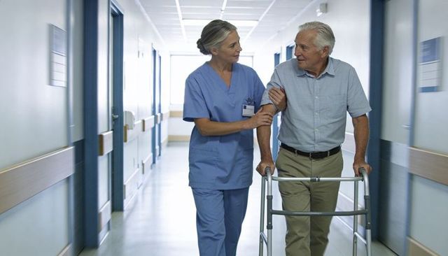 Nurse helping senior man walk with walker in hospital corridor providing mobility support