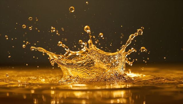 Golden metallic splash with reflective droplets in warm lighting