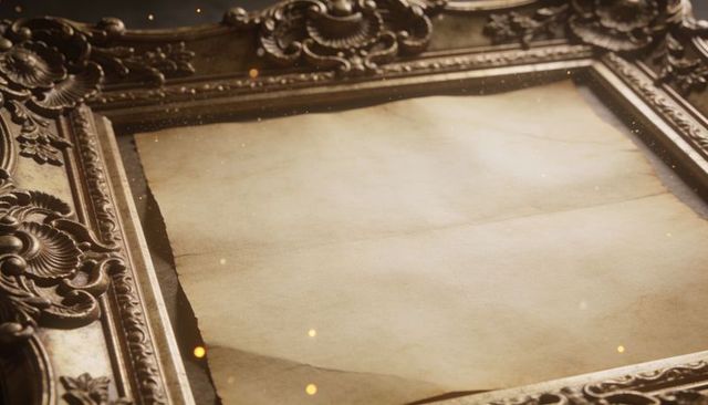 Ornate baroque gilded frame with blank aged parchment insert, warm glow and dust