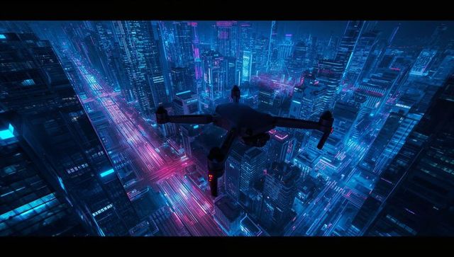 Quadcopter drone over neon-lit futuristic cityscape at night