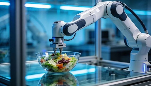 Robotic Arm Preparing Fresh Salad in Food Lab Automation Line for Smart Kitchen Tech Demo