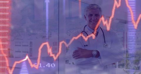 Senior physician with stethoscope and financial overlay representing healthcare analytics