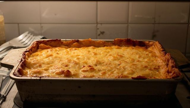 Bubbling cheese casserole with golden crisped crust in rustic metal baking pan