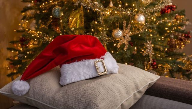 Santa hat resting on beige cushion with gold buckle and glowing Christmas tree lights