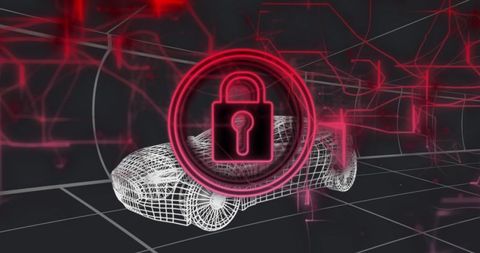 Neon padlock guarding wireframe car on dark grid, automotive cybersecurity concept