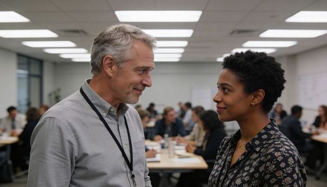 Two colleagues exchanging ideas during professional workshop mentoring and collaboration
