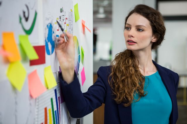 Thoughtful female executive looking at sticky notes on white wall in creative office