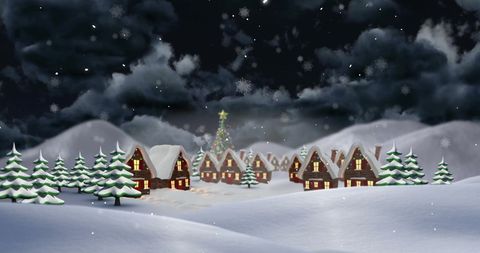 Snowy Village Under Starry Winter Night - Download Free Stock Images Pikwizard.com