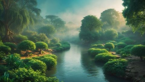 Tranquil riverside landscape with morning mist and lush greenery, garden of eden concept