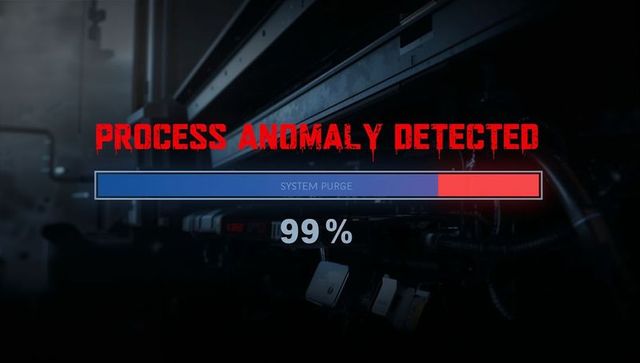 Process anomaly detected warning with system purge progress bar 99% in industrial facility