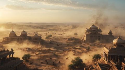 Epic Caravan Traversing Golden Dunes Near Majestic Ancient Palaces