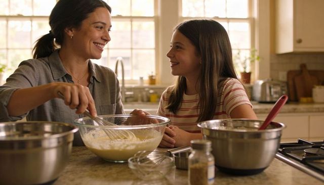 Mom and daughter bonding over baking in sunlit home kitchen, mixing batter together