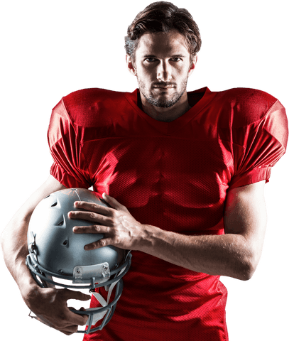 Confident american football player holding helmet isolated on white