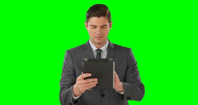 A young Caucasian businessman in a suit is focused on a tablet, with copy space on the green background. His engagement with the device suggests he could be analyzing data or preparing for a presentation.
