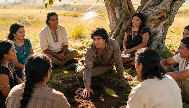Community gathering around sacred earth ritual, kneeling man placing hand in soil in sunlit meadow