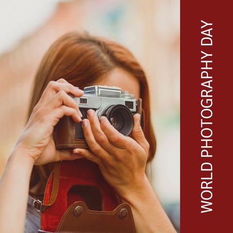 woman celebrating world photography day with retro camera - Download Free Stock Templates Pikwizard.com