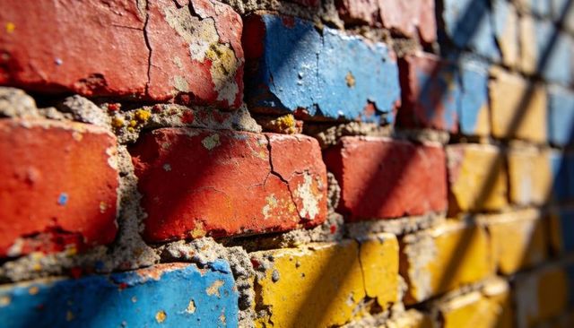 Weathered brick wall showing chipped red, blue, yellow paint, lichen and cast shadows