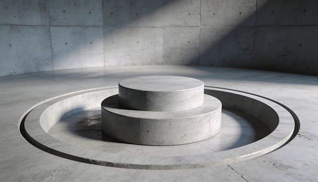 Showcasing minimalist concrete two-tier podium in recessed circular ring with soft light