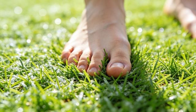 Bare foot pressing into dewy grass, morning sunlight sparkling on fresh green blades