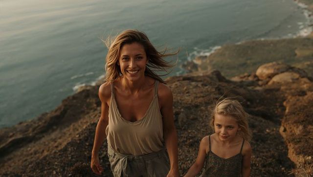 Mother and daughter walking hand in hand on rocky coastal cliff at sunset windblown bonding