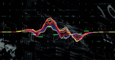 Futuristic data waveform visualization on world map dashboard