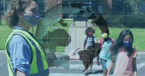 Crossing Guard Assisting Children in Urban Crosswalk Safety