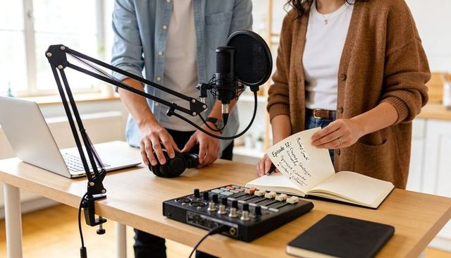 Two hosts recording podcast in cozy home studio with mixer, microphone, headphones