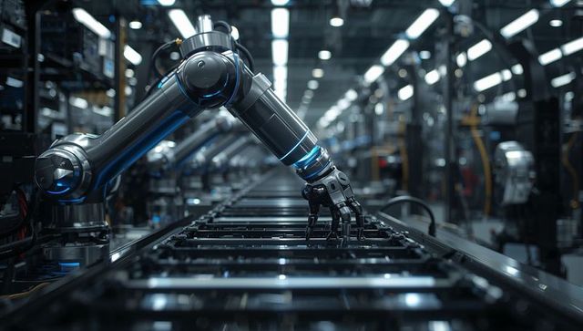 Sleek Metallic Robotic Arm Operating Over Precision Conveyor With Blue LED Rings