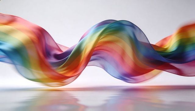 Floating sheer rainbow fabric forming colorful double wave over glossy studio reflection