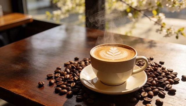 Steaming Latte with Rosette Foam Art on Wood Table Surrounded by Coffee Beans, Sunlit Morning