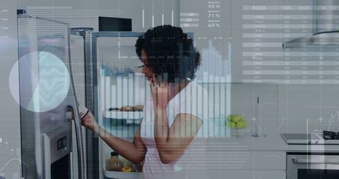 Woman multitasking in smart technology infused kitchen