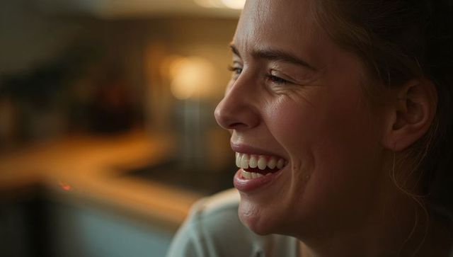 Young woman laughing in cozy kitchen bokeh warm lamp light close-up candid portrait