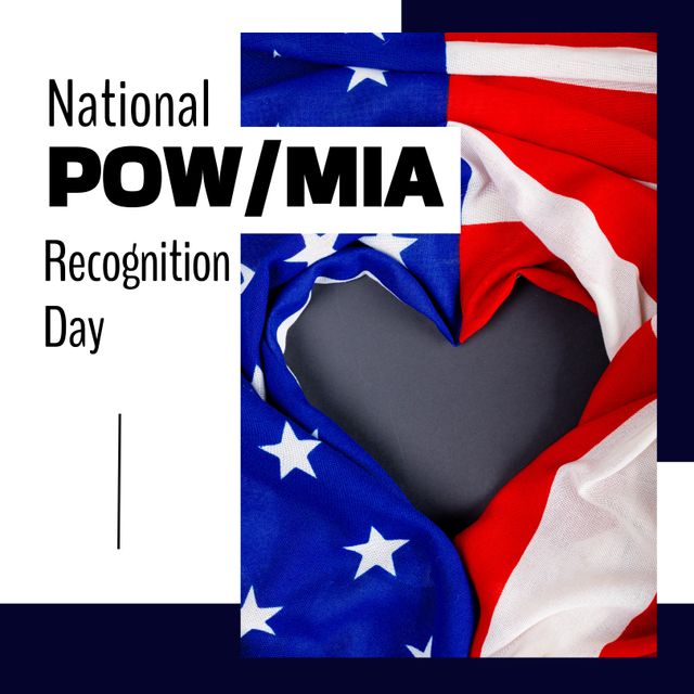 American flag arranged in heart shape with 'National POW/MIA Recognition Day' text. Ideal for honor and remembrance events, military and veterans' tributes, patriotic celebrations, and promoting national memorial days.