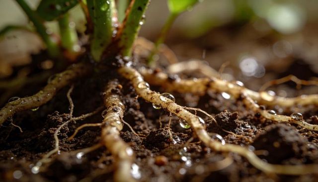 Radiating pale roots with dew droplets on moist potting soil, macro botanical texture