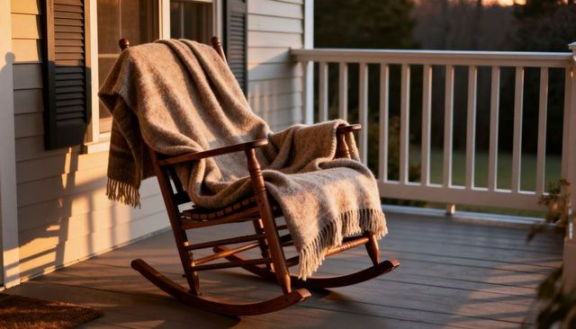 Cozy wooden rocking chair draping fringed wool blanket on sunlit porch at golden sunset