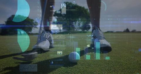Putting closeup with HUD analytics overlay tracking shot data and stance performance