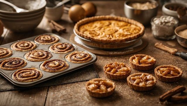 Artisanal Cinnamon Buns and Apple Tarts on Rustic Table