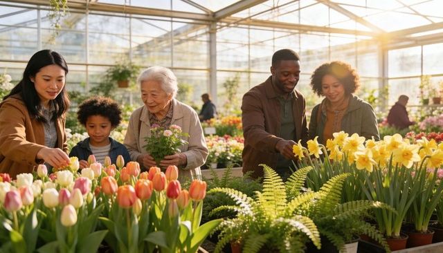 Multigenerational family choosing spring flowers in sunlit greenhouse, gardening together