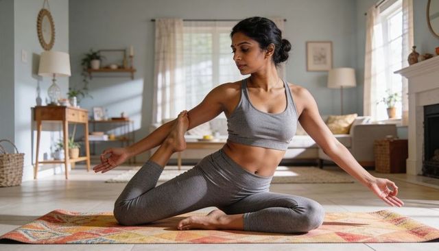 Young woman practicing seated yoga at home on colorful mat, stretching, mindful fitness