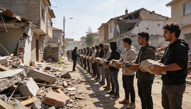 Community forming human chain passing rubble along devastated urban street for cleanup