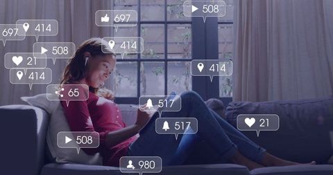 Connected Woman Streaming in Cozy Living Room with Social Media Overlay