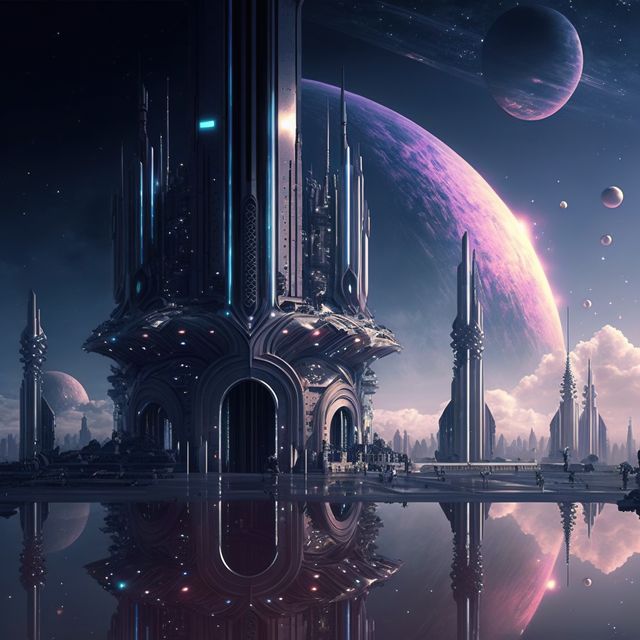 Image of futuristic cityscape with lake and planets, created using generative ai technology. City and futuristic concept, digitally generated image.