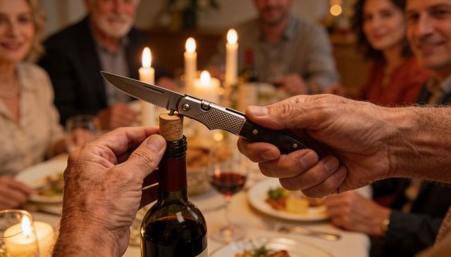 Elderly hands opening wine with knife at candlelit family dinner intimate celebration