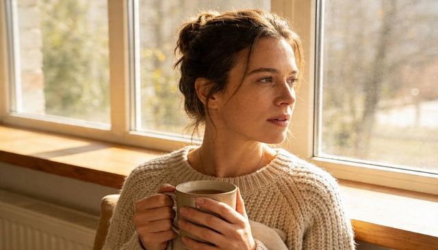 Woman sipping coffee on sunlit window seat, gazing out, wearing chunky cream sweater