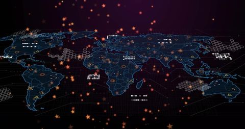Projecting holographic global network map with neon cyan contours and hex mesh nodes