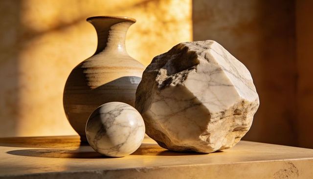 Sunlit marble trio featuring faceted rock, polished sphere and textured ceramic vase