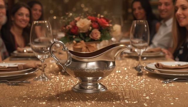 Glistening silver gravy boat on gold sequin table at festive dinner party