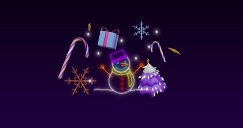 Neon Christmas Decorations Against Black Backdrop