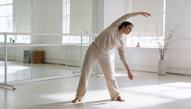 Sunlit minimalist dance studio woman stretching in beige loungewear at barre mirror
